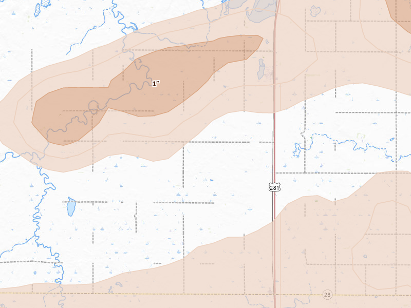 Radar-estimated hail-size map of the storm over Tulare, SD on Aug 28, 2026