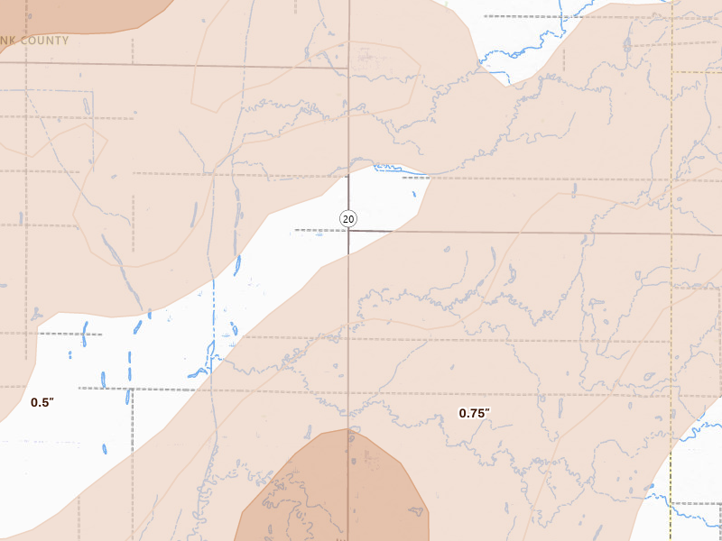 Radar-estimated hail-size map of the storm over Turton, SD on Jun 29, 2026
