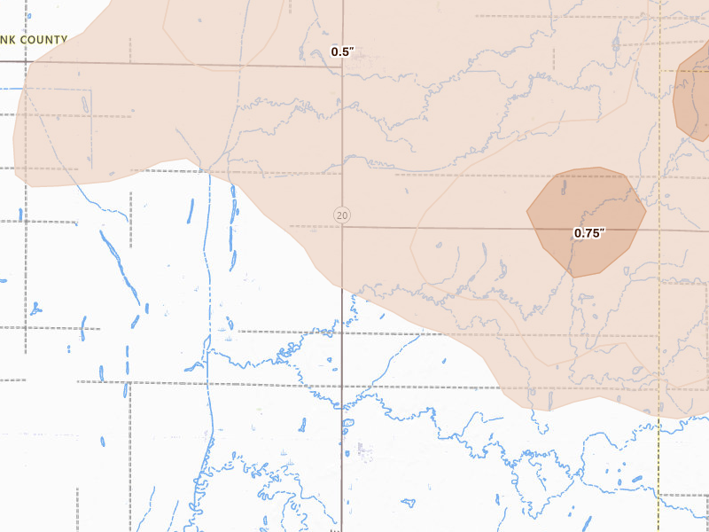 Radar-estimated hail-size map of the storm over Turton, SD on Jul 7, 2026