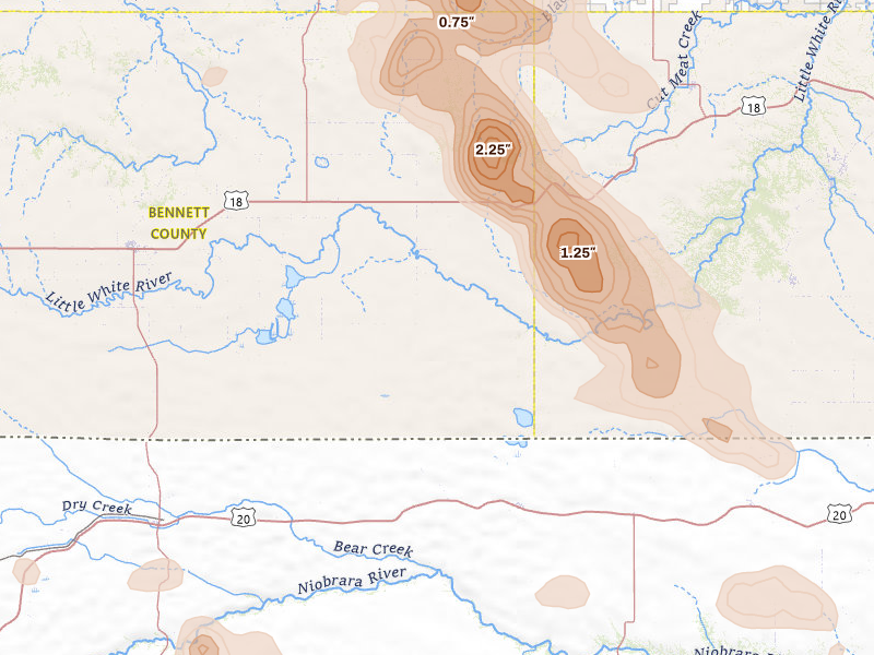 Radar-estimated hail-size map of the storm over Tuthill, SD on Jul 9, 2026