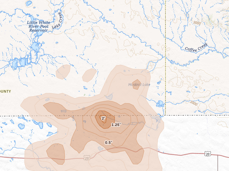 Radar-estimated hail-size map of the storm over Tuthill, SD on Aug 7, 2026