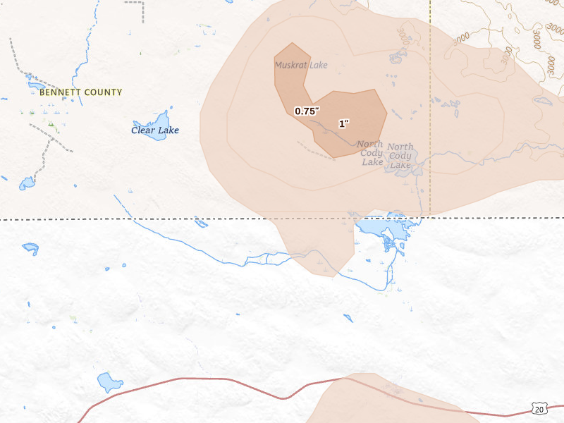 Radar-estimated hail-size map of the storm over Tuthill, SD on Aug 8, 2026