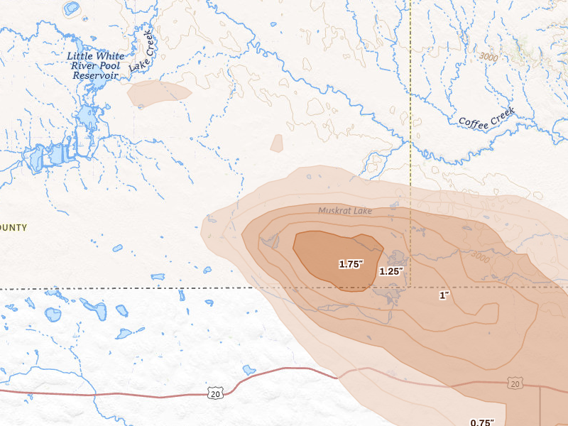 Radar-estimated hail-size map of the storm over Tuthill, SD on Aug 11, 2026