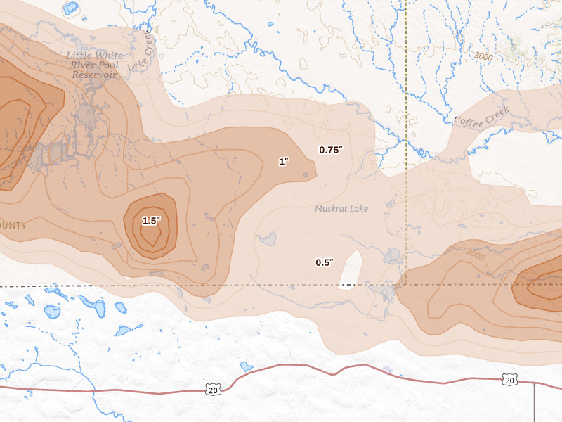 Radar-estimated hail-size map of the storm over Tuthill, SD on Aug 17, 2026