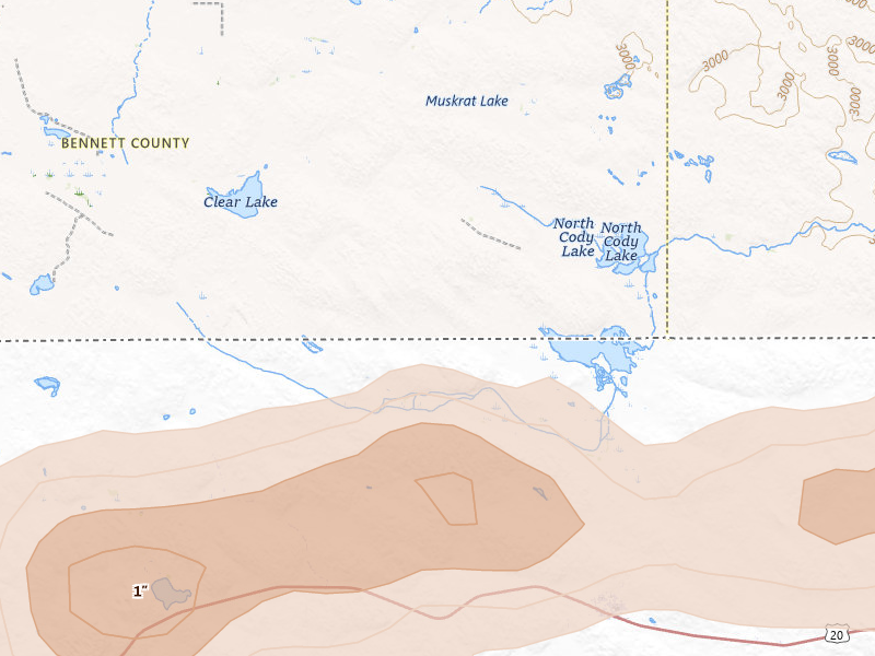 Radar-estimated hail-size map of the storm over Tuthill, SD on Aug 27, 2026