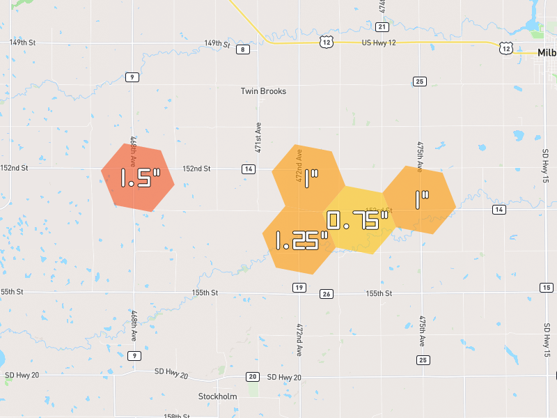 Hail map of Twin Brooks, SD on Jun 4, 2026, hail up to 1.5"