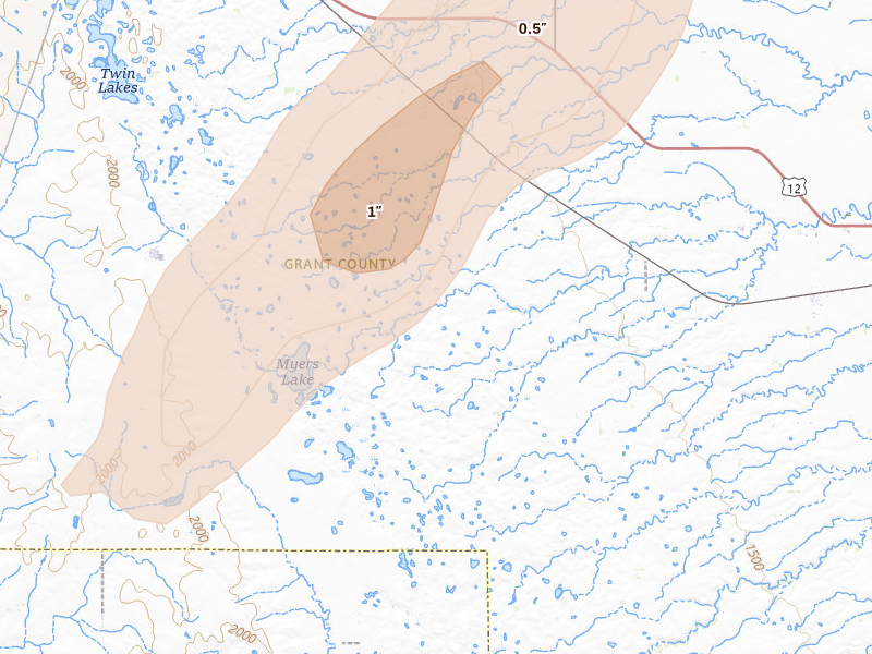 Radar-estimated hail-size map of the storm over Twin Brooks, SD on Jun 29, 2026