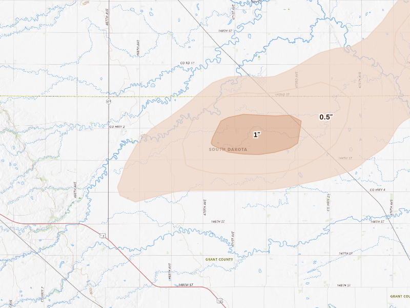 Radar-estimated hail-size map of the storm over Twin Brooks, SD