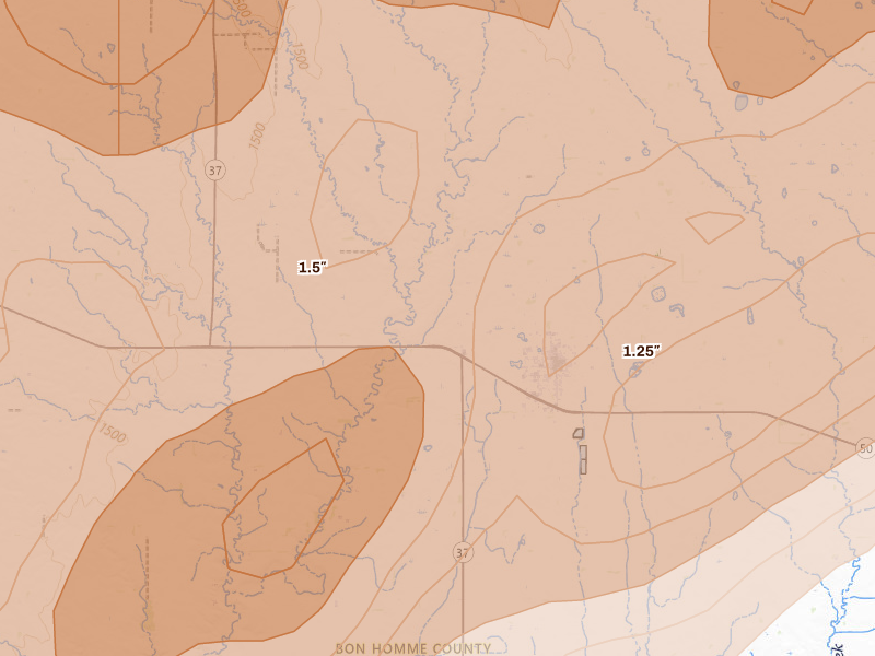Radar-estimated hail-size map of the storm over Tyndall, SD on May 17, 2026