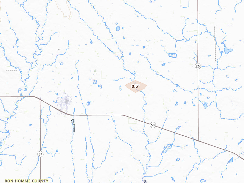 Radar-estimated hail-size map of the storm over Tyndall, SD on Aug 3, 2026