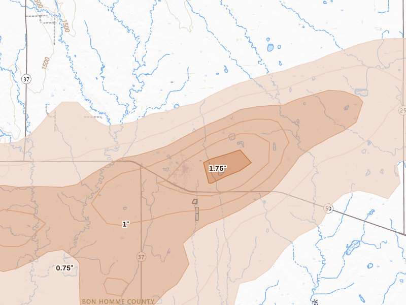 Radar-estimated hail-size map of the storm over Tyndall, SD on Sep 1, 2026