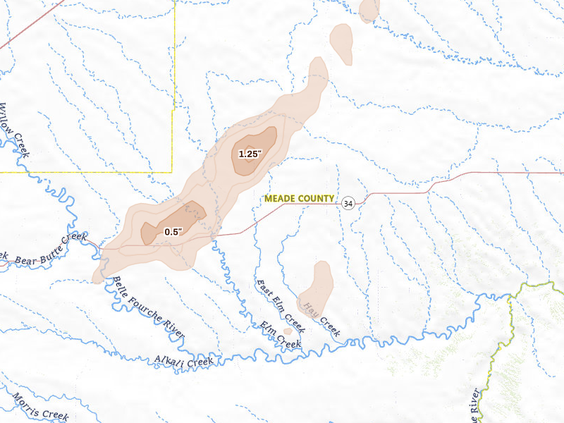 Radar-estimated hail-size map of the storm over Union Center, SD on Jun 7, 2026