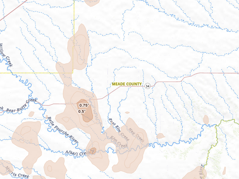 Radar-estimated hail-size map of the storm over Union Center, SD on Jun 26, 2026