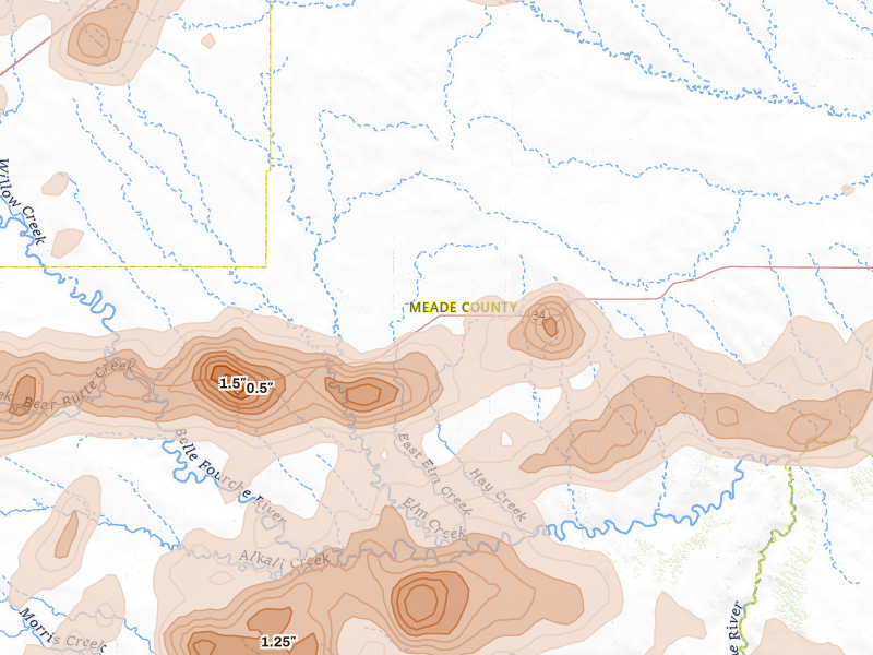 Radar-estimated hail-size map of the storm over Union Center, SD on Jul 2, 2026