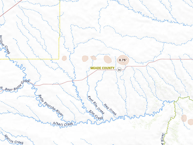Radar-estimated hail-size map of the storm over Union Center, SD on Jul 30, 2026
