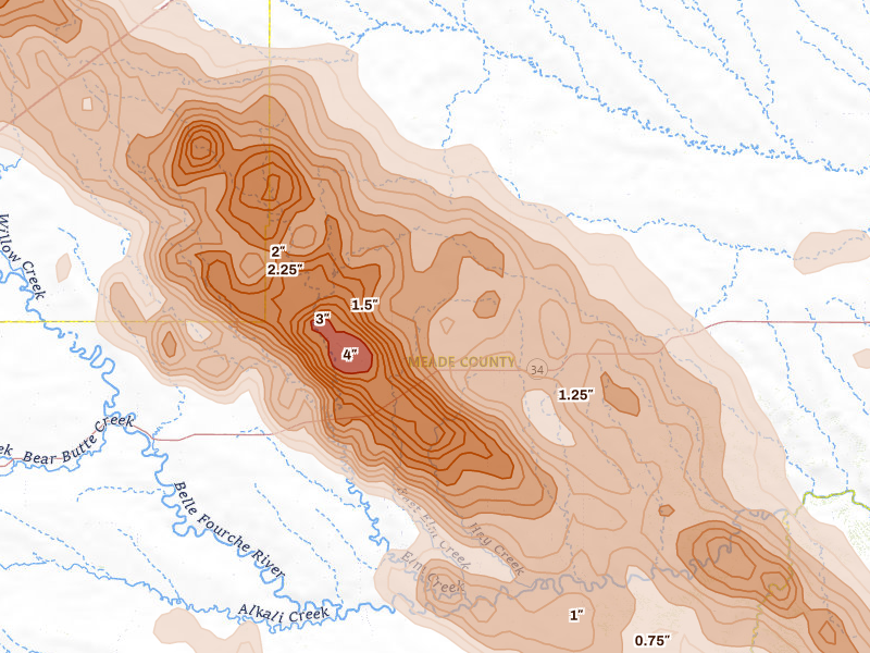 Radar-estimated hail-size map of the storm over Union Center, SD on Aug 11, 2026
