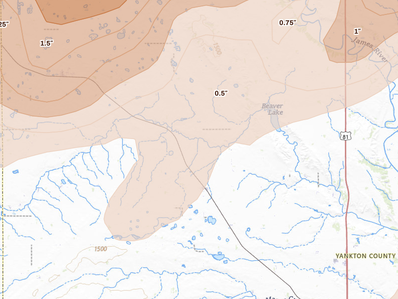 Radar-estimated hail-size map of the storm over Utica, SD on May 17, 2026