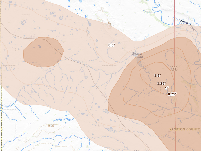 Radar-estimated hail-size map of the storm over Utica, SD on May 24, 2026