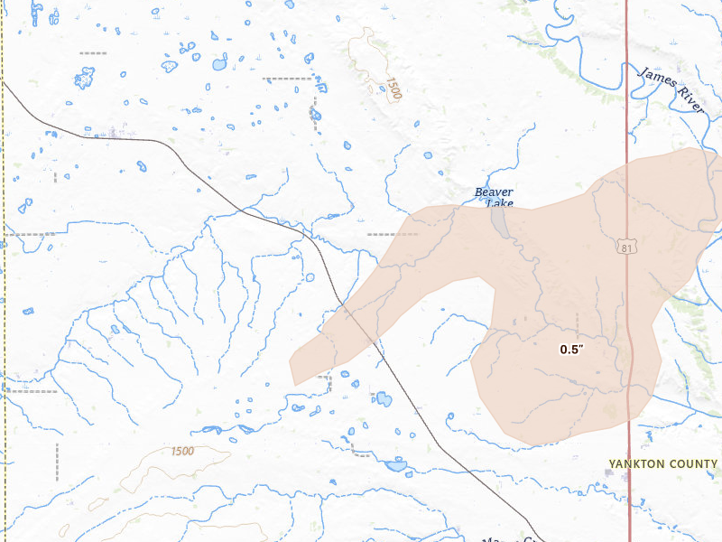 Radar-estimated hail-size map of the storm over Utica, SD on Jun 27, 2026