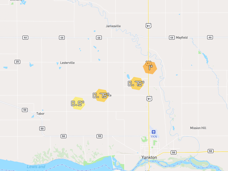 Hail map of Utica, SD on Jun 28, 2026, hail up to 1"