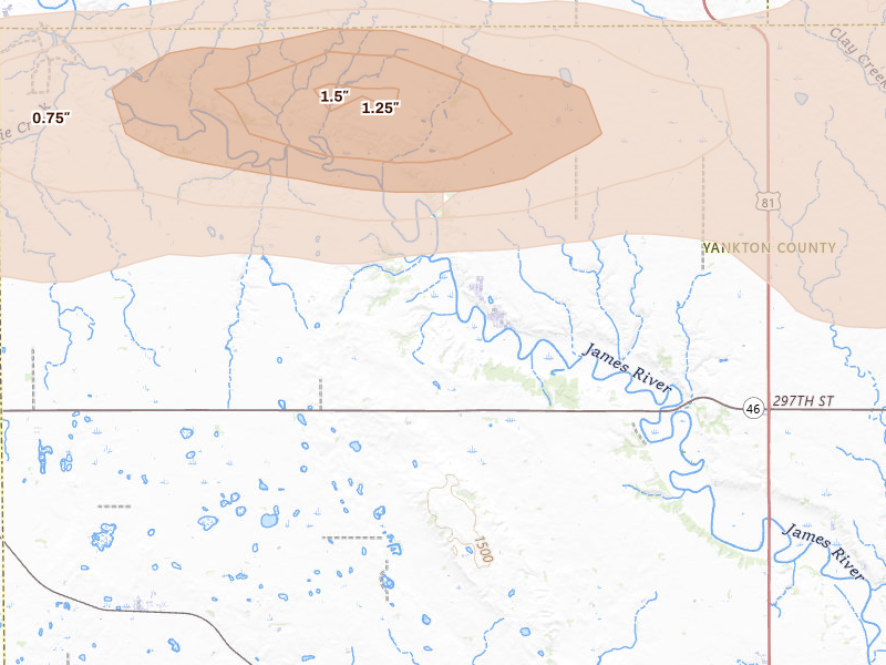 Radar-estimated hail-size map of the storm over Utica, SD on Aug 10, 2026