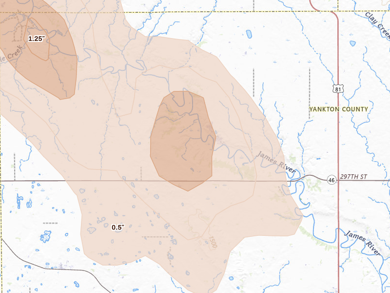 Radar-estimated hail-size map of the storm over Utica, SD on Aug 20, 2026