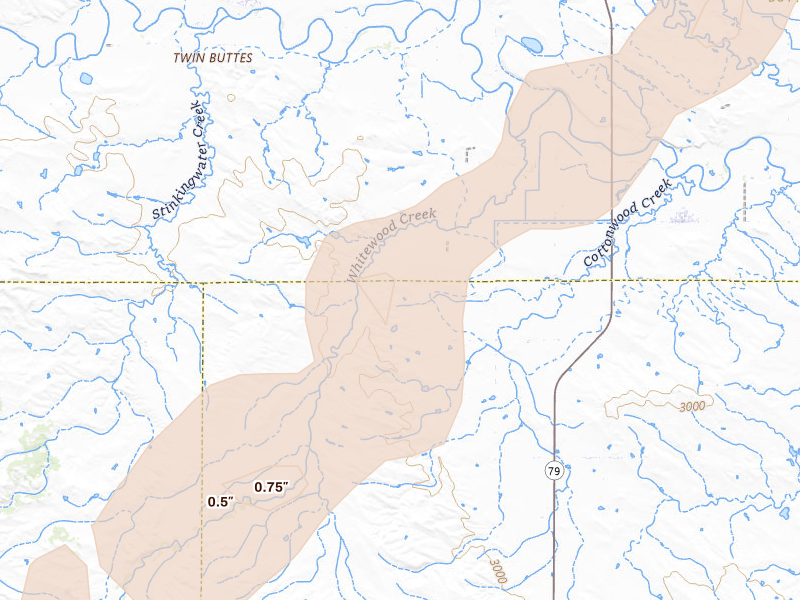 Radar-estimated hail-size map of the storm over Vale, SD on Jun 1, 2026