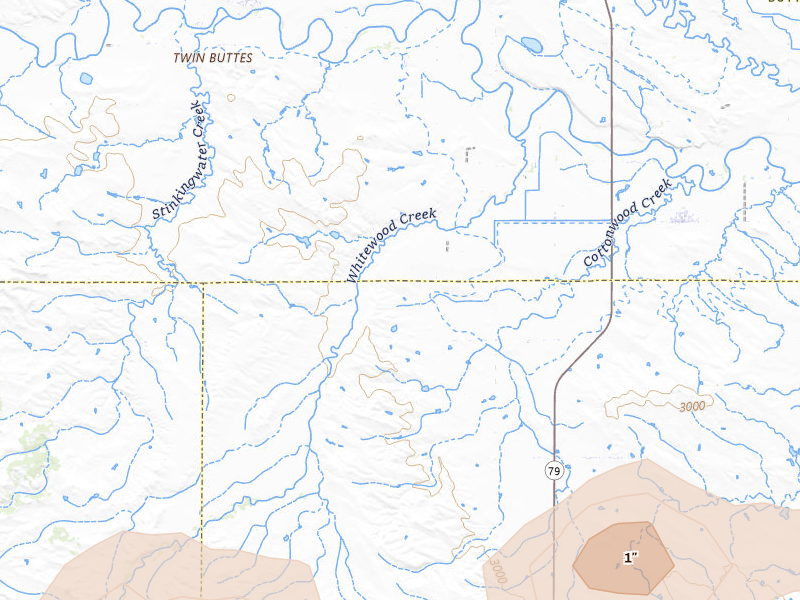 Radar-estimated hail-size map of the storm over Vale, SD on Jul 1, 2026