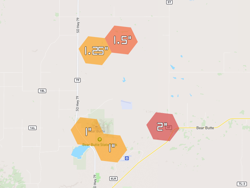 Hail map of Vale, SD on Jul 2, 2026, hail up to 2"