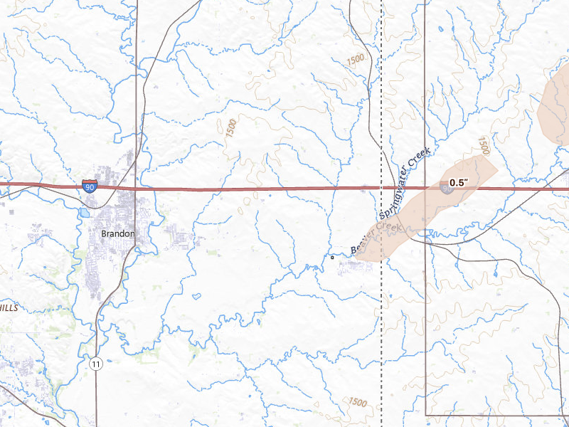 Radar-estimated hail-size map of the storm over Valley Springs, SD on Apr 13, 2026