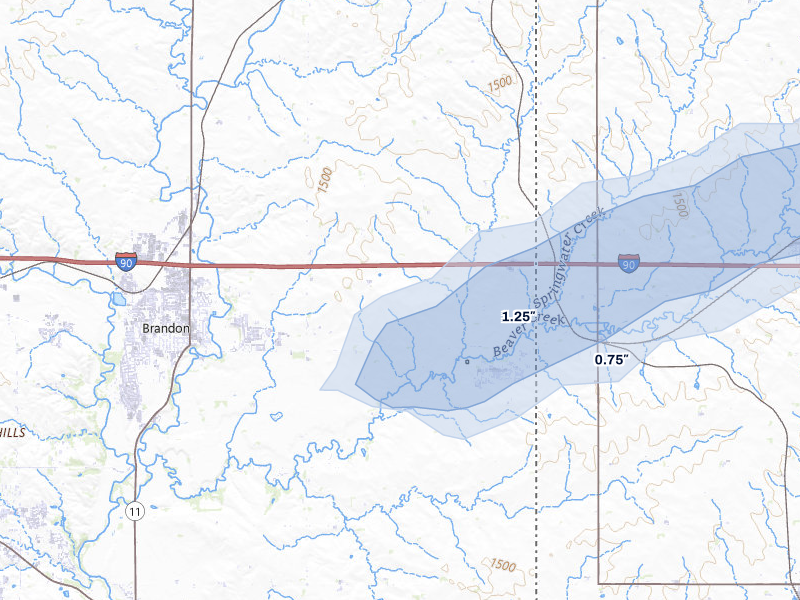 NEXRAD radar-signature map of the hail over Valley Springs, SD