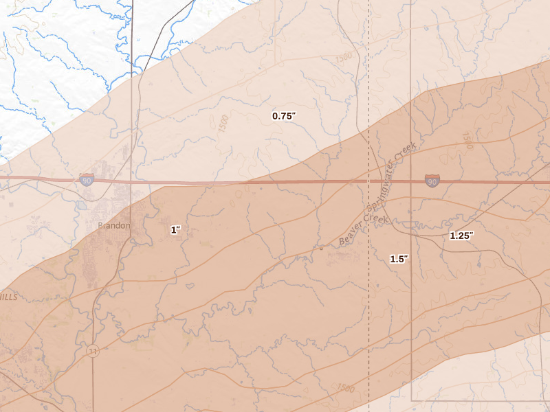 Radar-estimated hail-size map of the storm over Valley Springs, SD on May 17, 2026