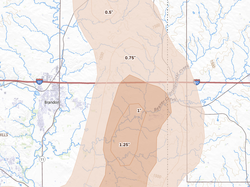 Radar-estimated hail-size map of the storm over Valley Springs, SD on Jul 4, 2026