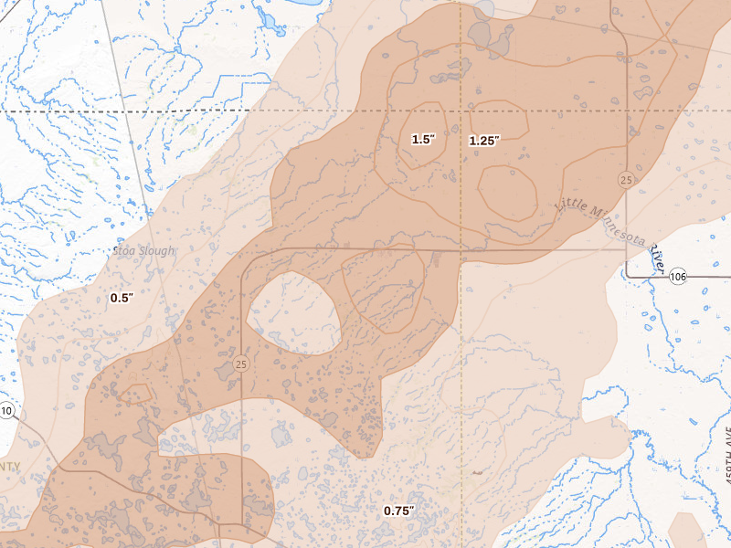 Radar-estimated hail-size map of the storm over Veblen, SD on Jun 29, 2026