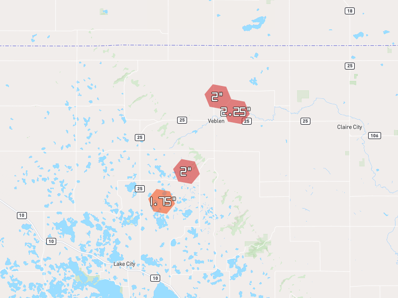 Hail map of Veblen, SD on Jun 29, 2026, hail up to 2.25"