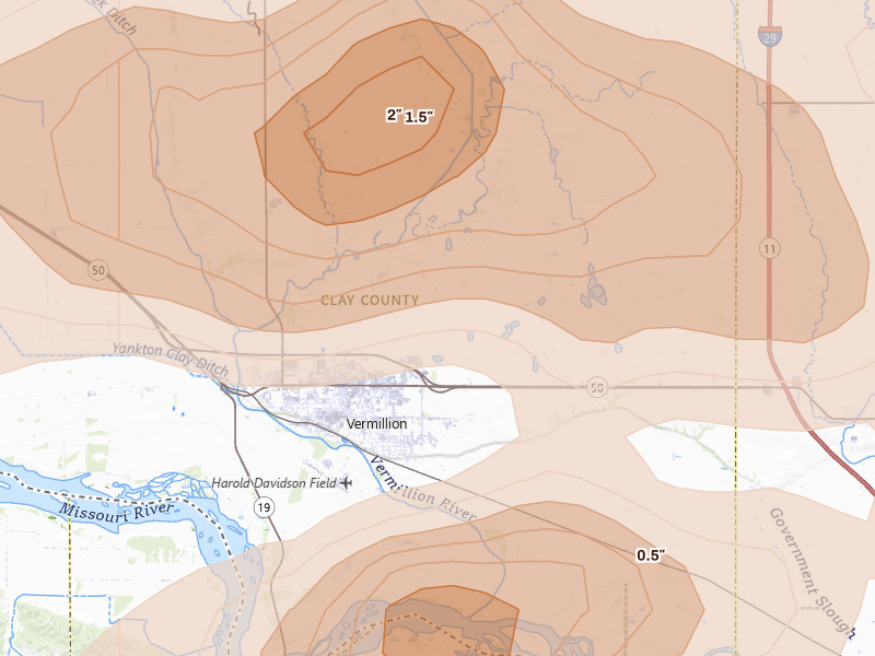 Radar-estimated hail-size map of the storm over Vermillion, SD on May 31, 2026