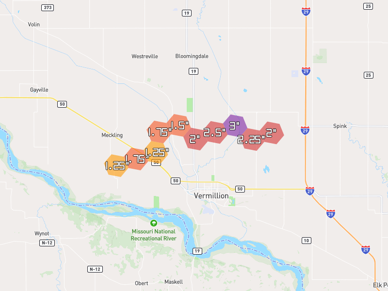 Hail map of Vermillion, SD on Jun 1, 2026, hail up to 3"