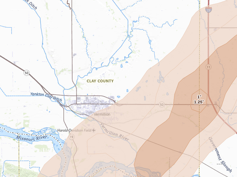Radar-estimated hail-size map of the storm over Vermillion, SD on Jun 29, 2026