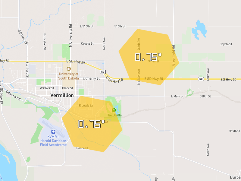 Hail map of Vermillion, SD on Jun 30, 2026, hail up to 0.75"