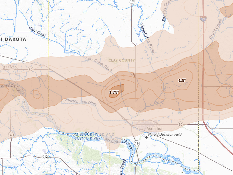 Radar-estimated hail-size map of the storm over Vermillion, SD on Sep 1, 2026