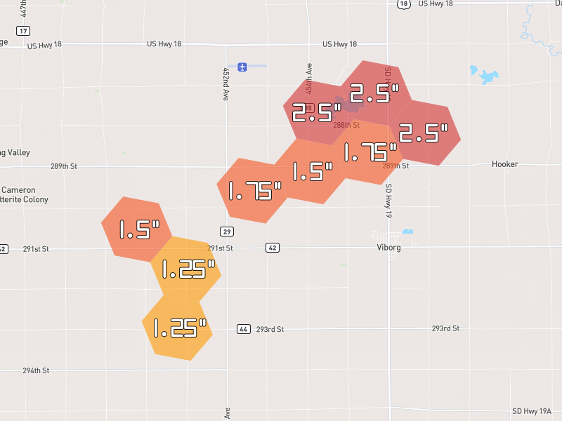 Hail map of Viborg, SD on Jun 1, 2026, hail up to 2.5"