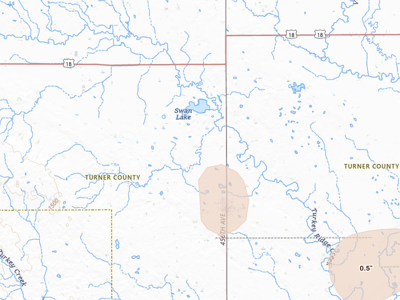 Radar-estimated hail-size map of the storm over Viborg, SD on Aug 3, 2026