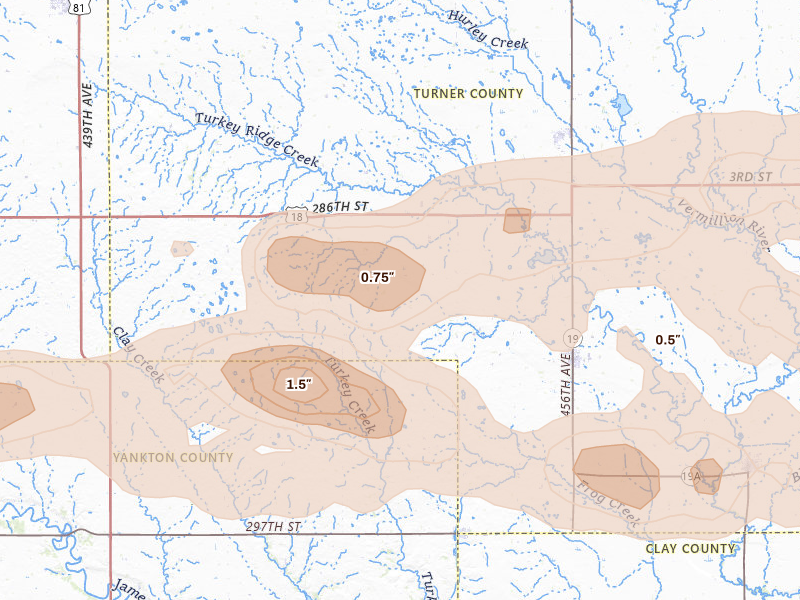 Radar-estimated hail-size map of the storm over Viborg, SD on Aug 10, 2026