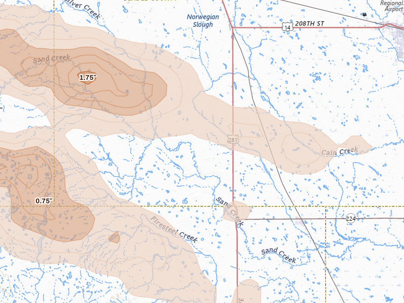 Radar-estimated hail-size map of the storm over Virgil, SD on Jun 4, 2026