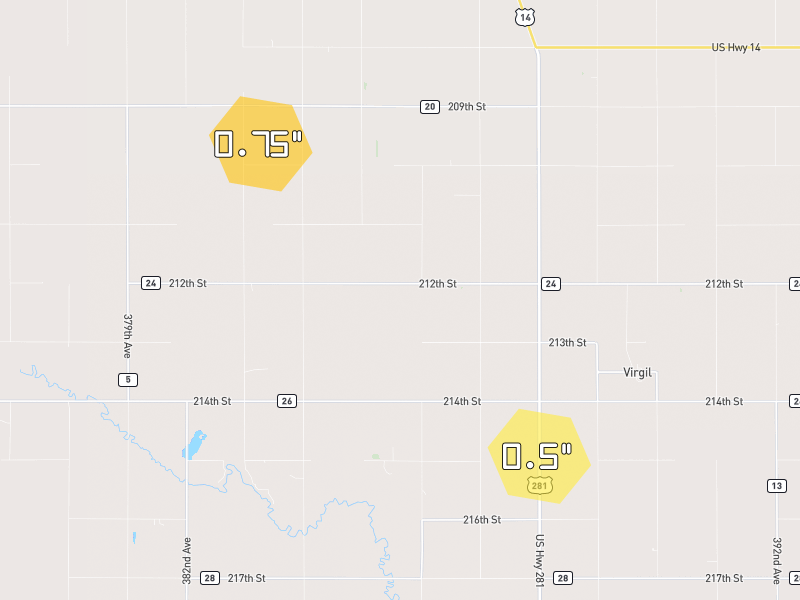 Hail map of Virgil, SD on Jun 4, 2026, hail up to 0.75"