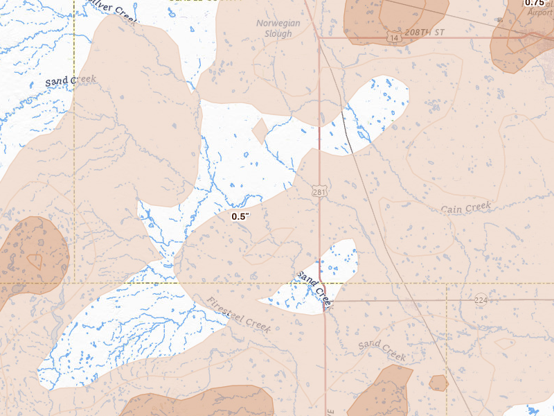 Radar-estimated hail-size map of the storm over Virgil, SD on Jul 2, 2026