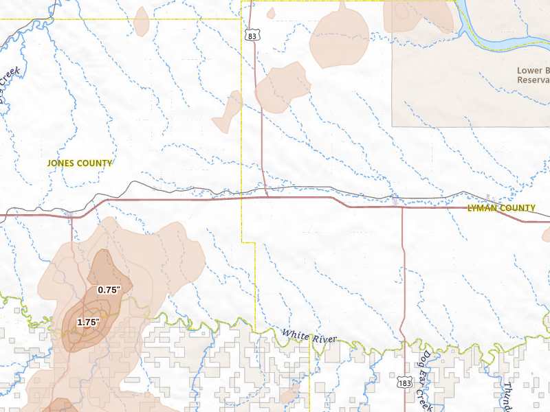 Radar-estimated hail-size map of the storm over Vivian, SD on Jun 2, 2026