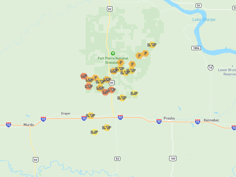Hail map of Vivian, SD on Jun 3, 2026, hail up to 1.75"