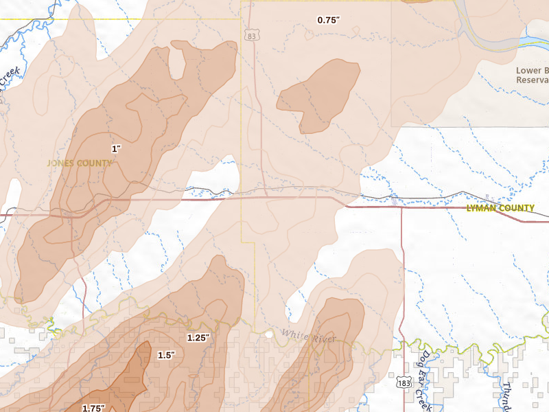 Radar-estimated hail-size map of the storm over Vivian, SD on Jun 28, 2026