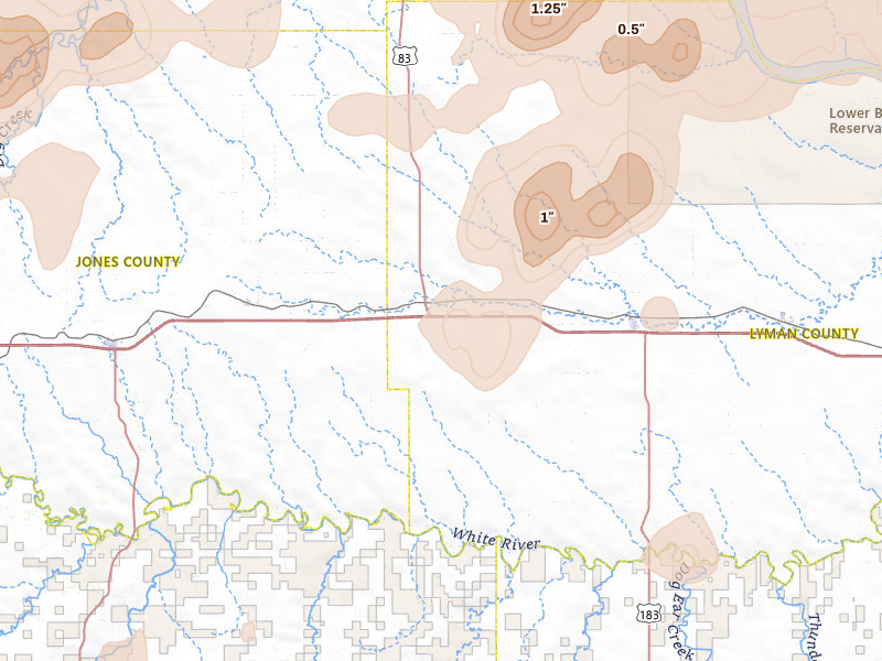 Radar-estimated hail-size map of the storm over Vivian, SD on Jul 2, 2026